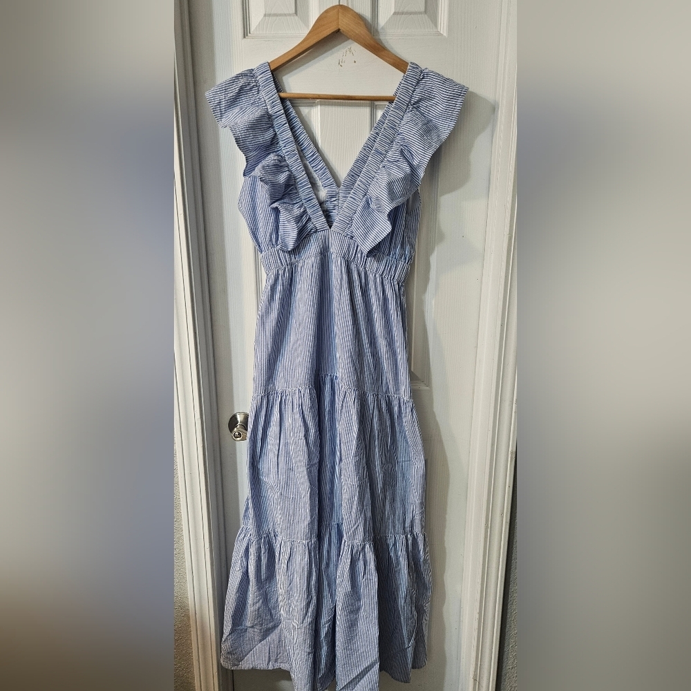 Blue Striped Ruffle V-Neck Maxi Dress